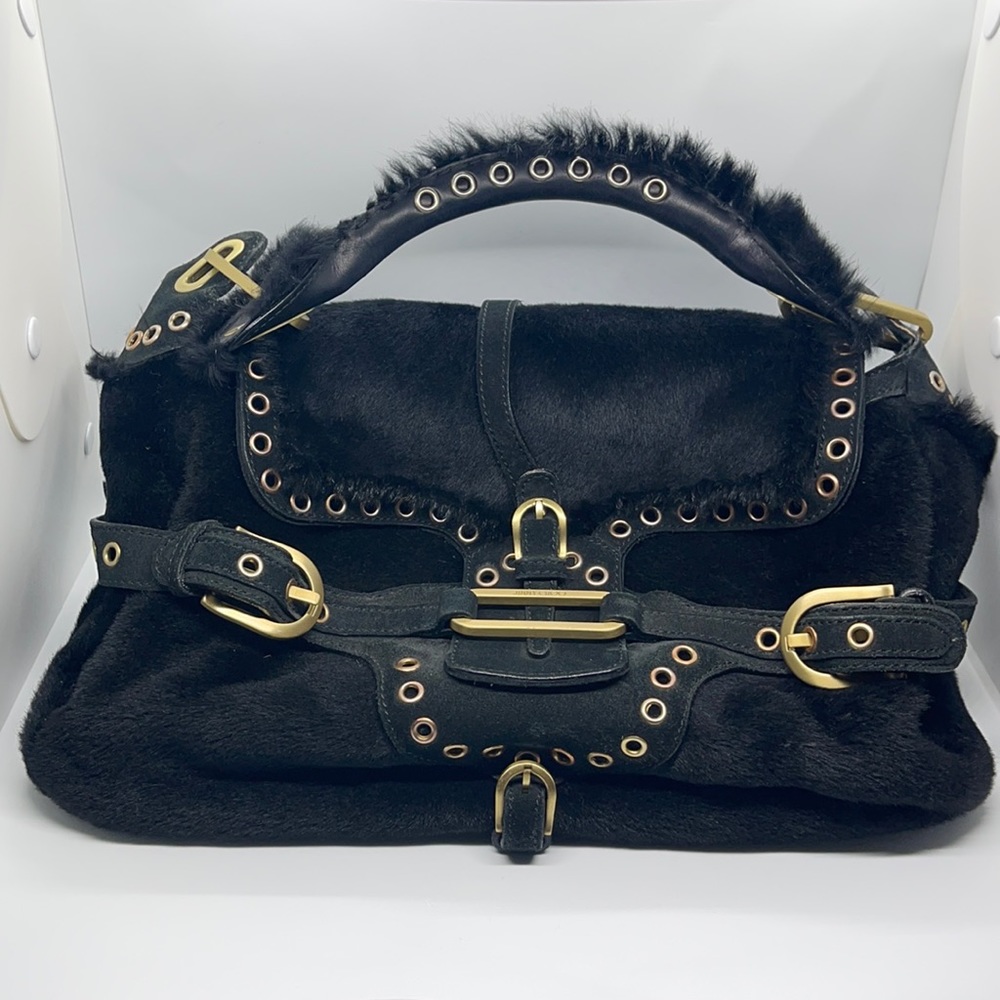 JIMMY CHOO Black Genuine Sheared Fur Gold Buckle Grommet Satchel Handbag Purse